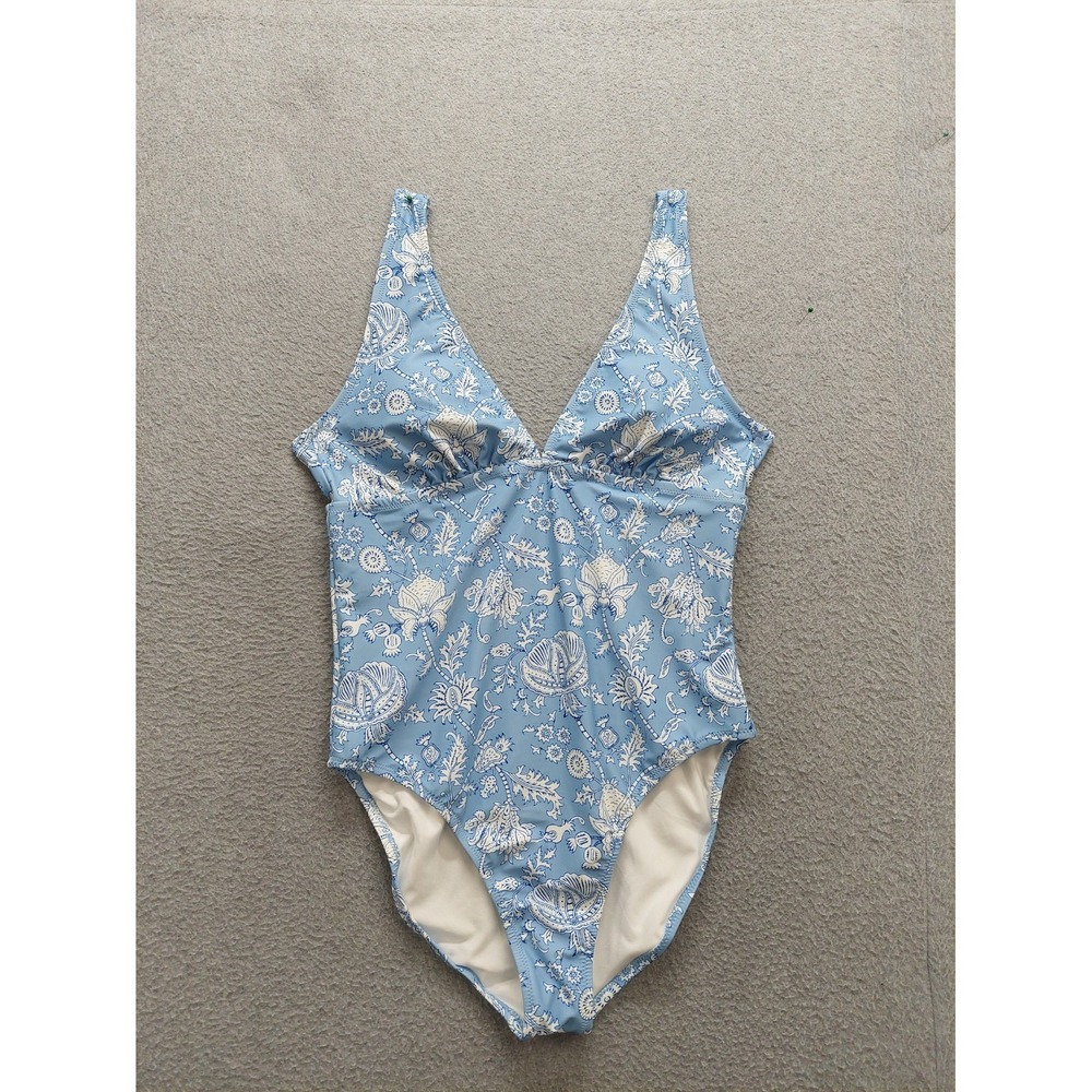 Poller Rabbit Women Swimsuit M Blue White Floral V Neck Sleeveless Stretch Beach